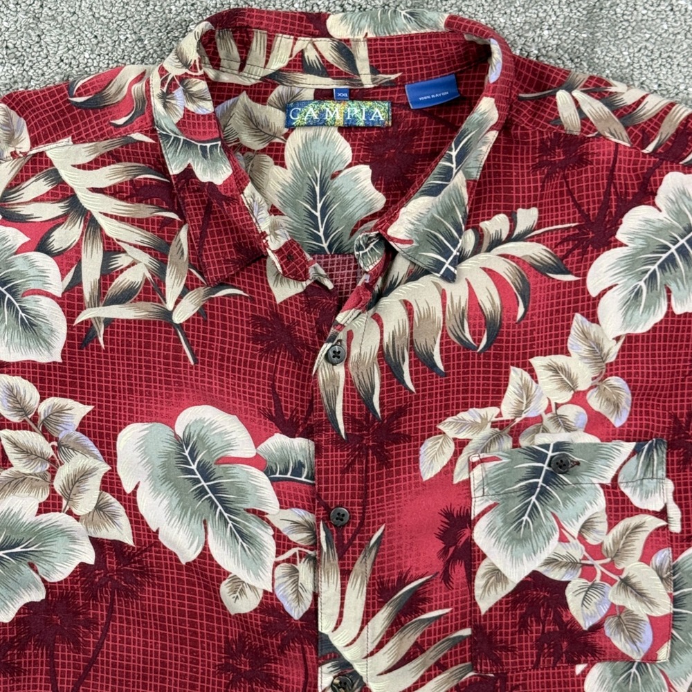 Campia Hawaiian Shirt Mens XXL Burgundy Tropical Floral Rayon Aloha Button Up